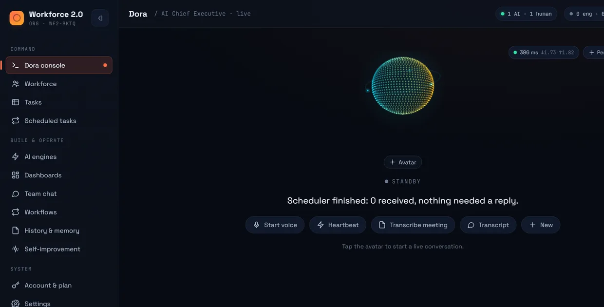 The Workforce 2.0 console, with Start voice and Transcribe meeting side by side.