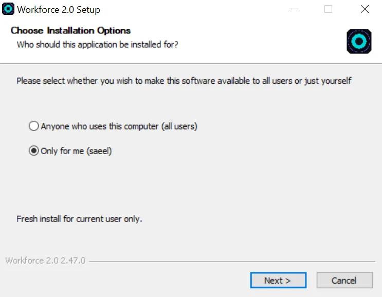 The Workforce 2.0 installer asking whether to install for everyone on the computer or just you.